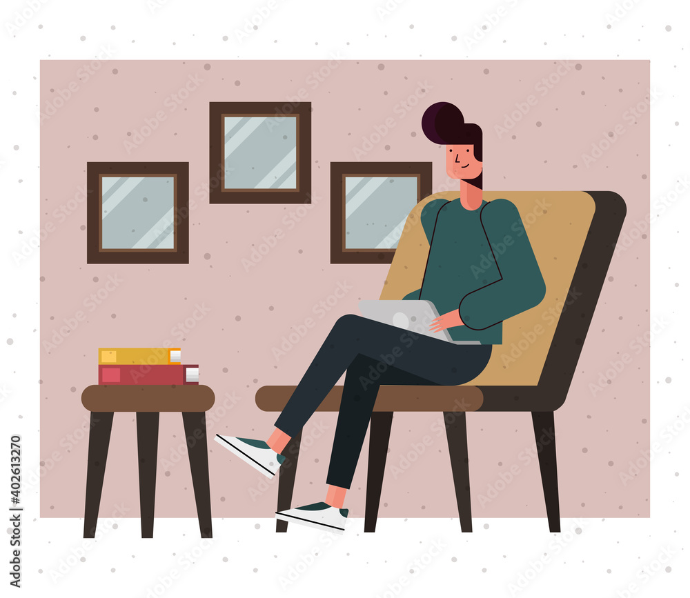 Man cartoon on seat with laptop at home vector design Man cartoon on seat with laptop at home vector design