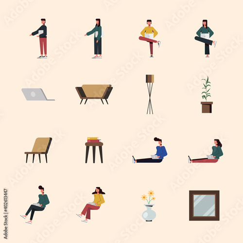People with laptop and home icon set vector design