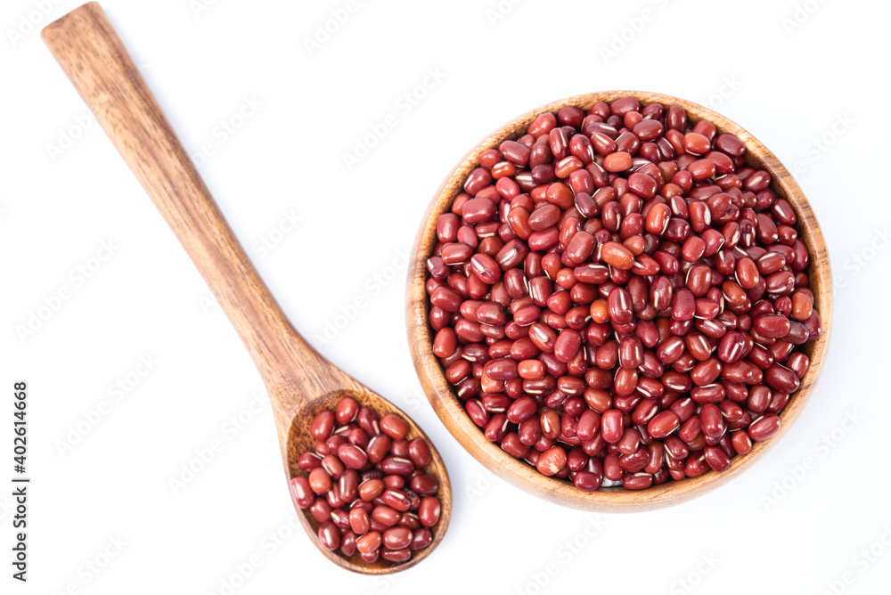 Top view of grains red beans in wooden bowl isolated on white background Top view of grains red beans in wooden bowl isolated on white background