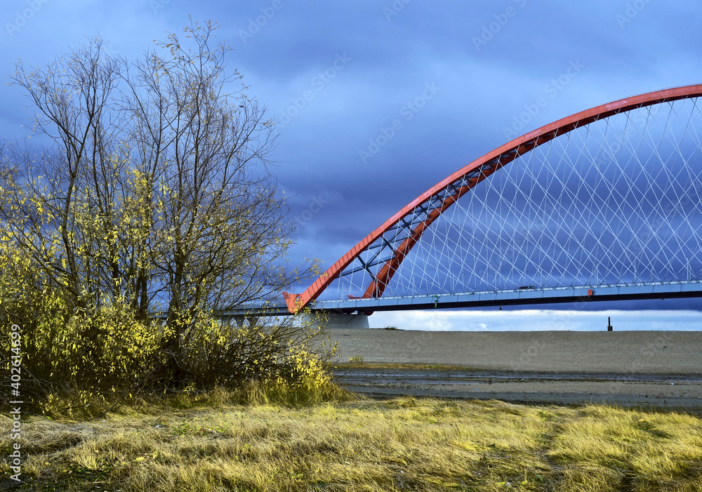 Bugrinskij bridge across the Ob river in Golden autumn
