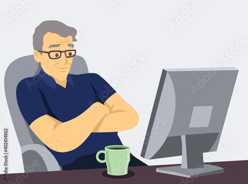 Man in front of computer working and talking to his worker flat vector illustration isolated on white background