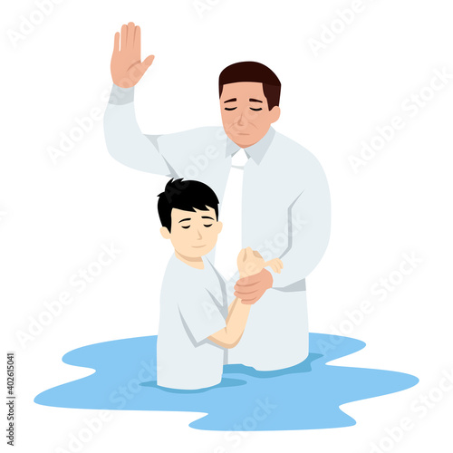 Illustration of an asian kid Being Baptized in Water. Flat vector illustration isolated on white background