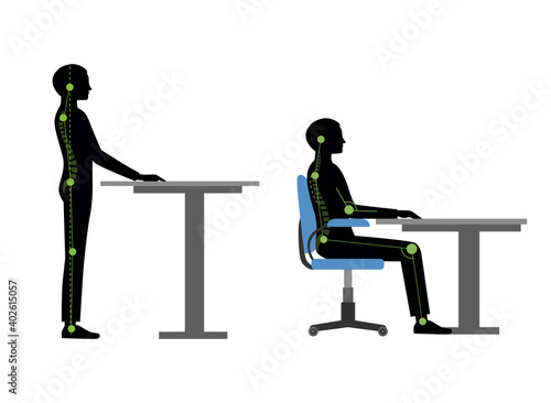 Correct and incorrect back posture for reading and writing, standing and sitting cartoon vector illustration isolated on white background. Portrait of man showing correct and incorrect back posture