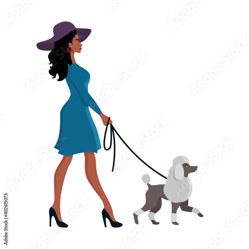 beautiful woman walking her dog with style. Flat vector illustration design