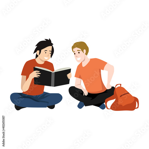 Friends reading book in the middle of exam. Studying for exam