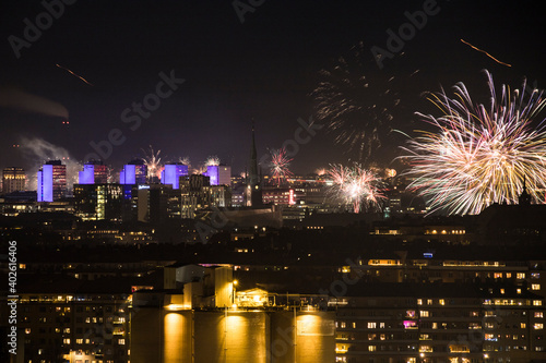 Photography Stockholm, Sweden Jan 1, 2021 New Year's fireworks over the city.