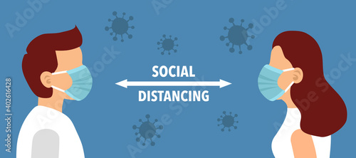 Social distancing concept vector illustration. Man and woman wearing medical masks and keeping away to prevent Covid-19 Coronavirus disease. Idea for Coronavirus prevention.