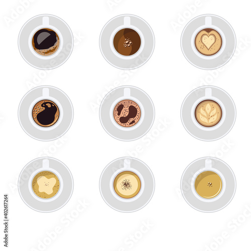 Сoffee cup top view, espresso, latte, cappuccino,  vector illustration