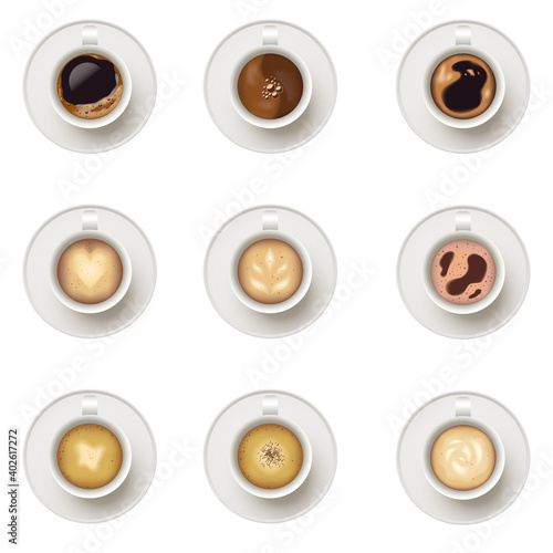 Realistic vector coffee cup top view, espresso, latte, cappuccino.