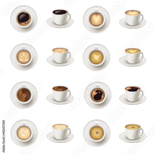 Realistic vector coffee cup top view, espresso, latte, cappuccino.