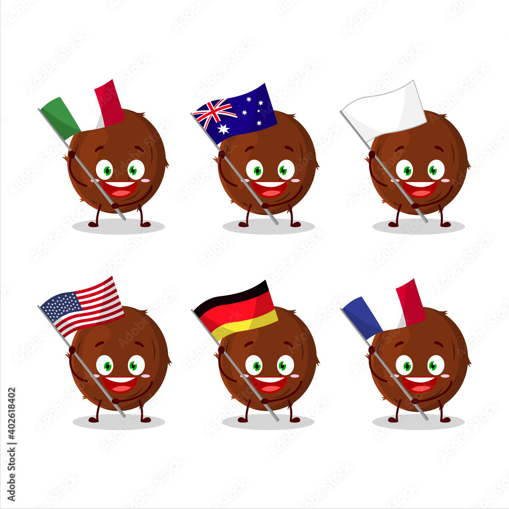Obraz premium Coconut cartoon character bring the flags of various countries