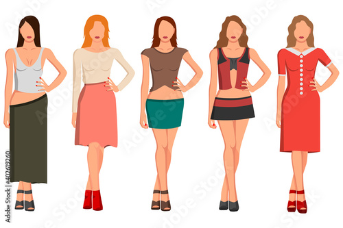 A set of five girls with a good figure in beautiful clothes of different styles and colors.