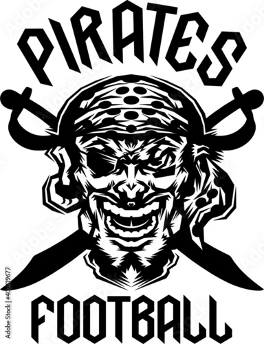 pirates football team design with mascot and crossed swords for school, college or league