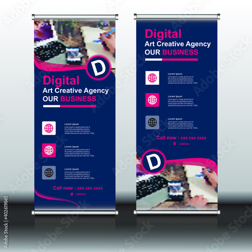 template with design. Roll up brochure flyer banner design vertical template vector. Digital art creative business template. Business roll up banner. Blue and pink background, abstract design template