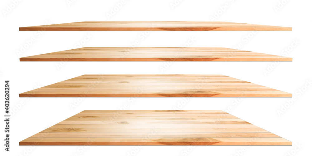 collection of wooden shelves on an isolated white background