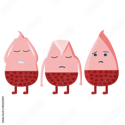 Anemia symptoms in the form of a drop of blood, fatigue, headache, pallor, low hemoglobin, vector illustration in cartoon style
