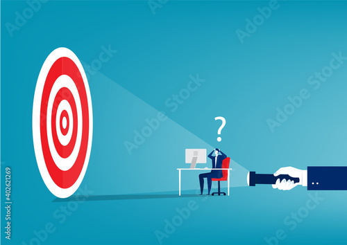 Businessman looking at big target shadow from flashlight concept vector