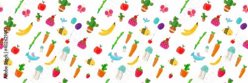 seamless pattern fruit and animal vector illustration. clip ar cartoon set for greeting card, anniversary, web banners, social and print media