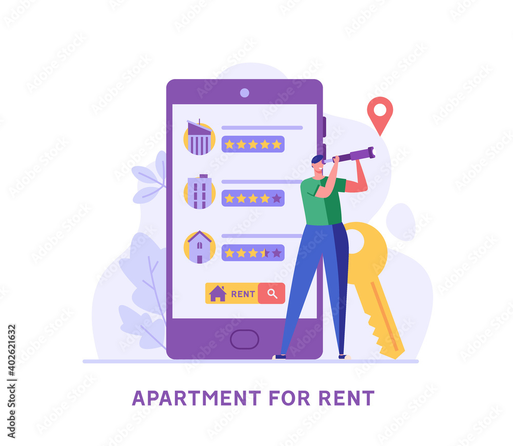 House for Rent. Man Renting Apartment with Online Service. User Looking for Apartment for Rent Online. Concept of Rent Real Estate, Home for Rent. Vector illustration for Web Design, Landing Page House for Rent. Man Renting Apartment with Online Service. User Looking for Apartment for Rent Online. Concept of Rent Real Estate, Home for Rent. Vector illustration for Web Design, Landing Page