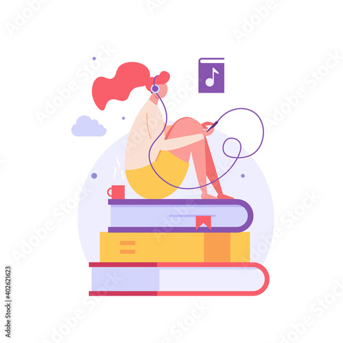 Audio Book. Woman Listening Book with Digital Library Service. Users Studying with Audiobooks. Concept of Electronic Library, Online Book Store, Ebook. Vector illustration for Web Design
