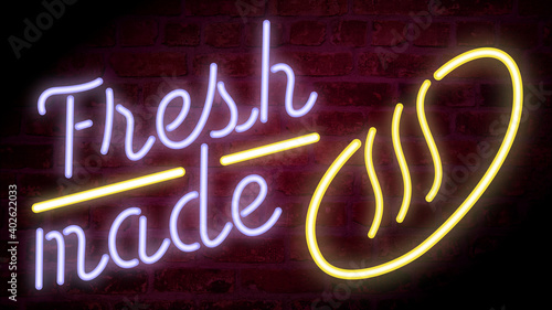 Fresh made bread neon sign rendered on a brick wall