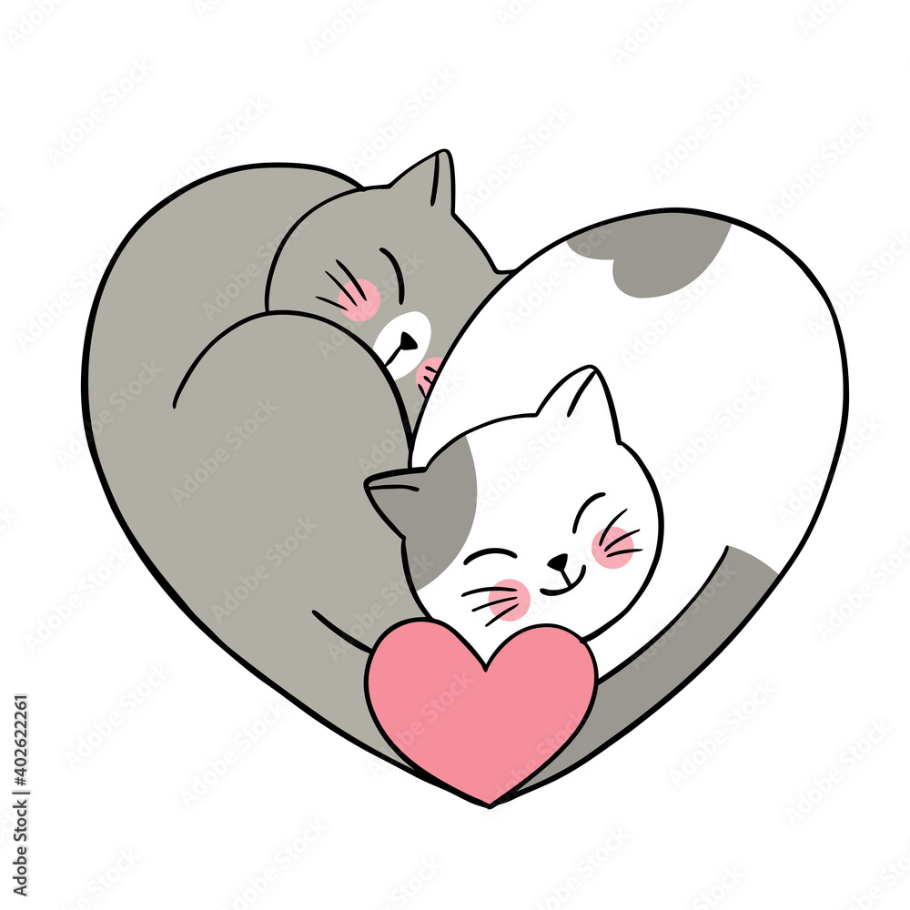 Lovely couple of cats and heart hand drawn style, Cute cartoon