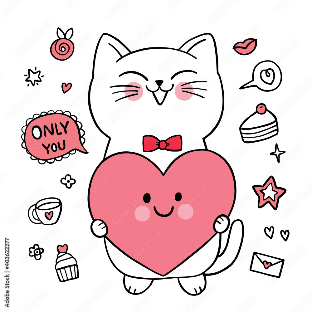 Hand draw cartoon cute Valentine day, White cat and big heart vector. Stock  Vector | Adobe Stock