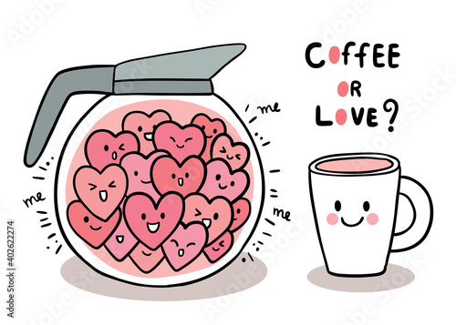 Hand draw cartoon cute Valentine day, Hearts in pot and cup coffee vector.