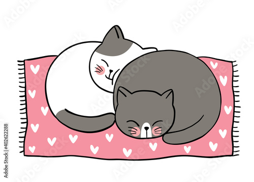 Hand draw cartoon cute Valentine day, Couple cats sleepy vector.
