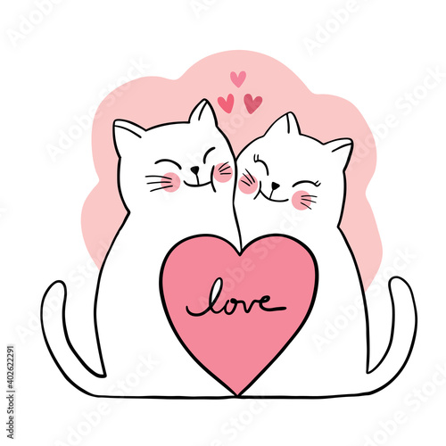 Hand draw cartoon cute Valentine day, couple cats and big heart vector.