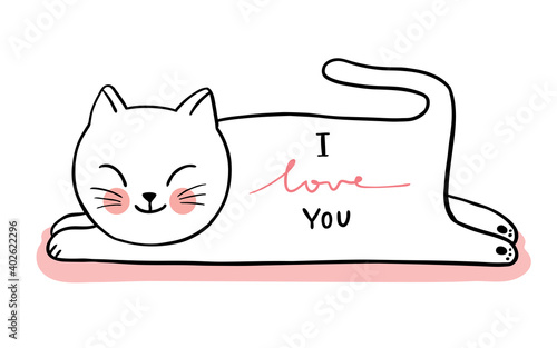 Hand draw cartoon cute Valentine day, White cat lying vector.
