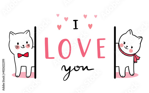 Hand draw cartoon cute Valentine day, Couple cats vector.