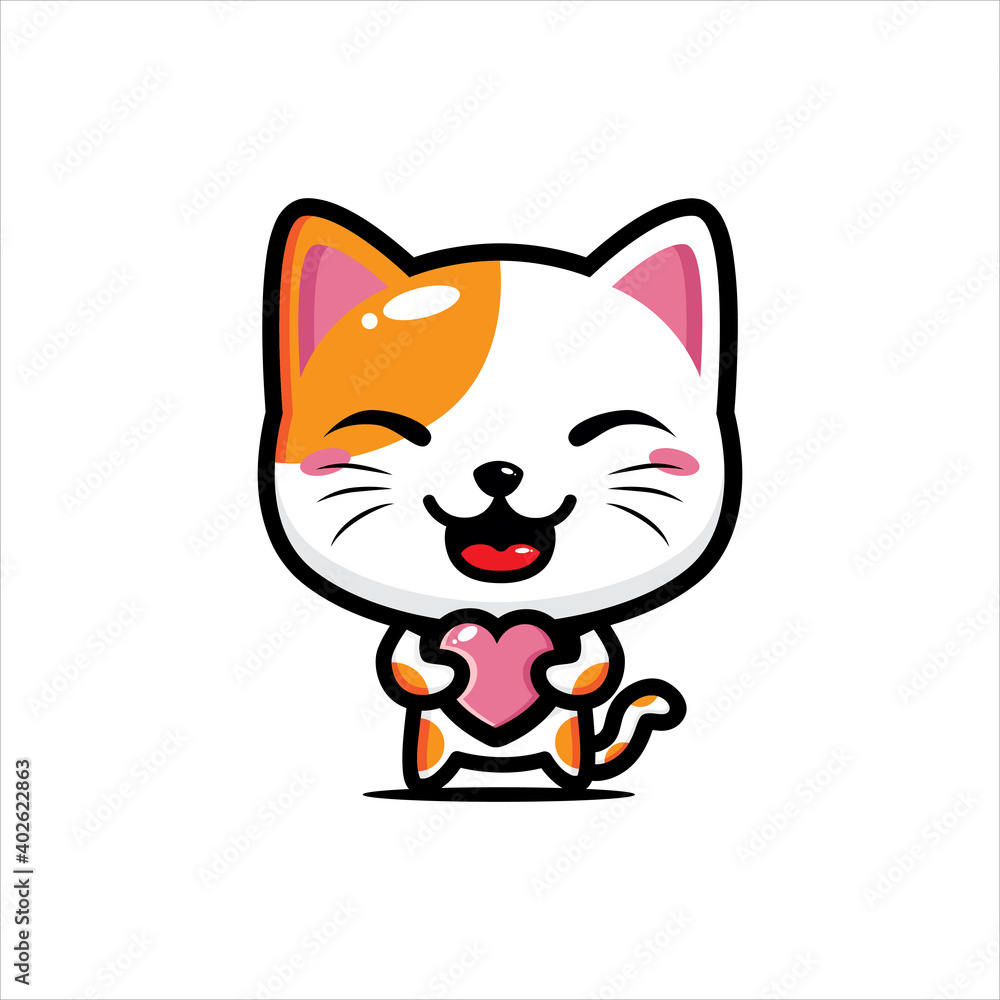 cute lucky cat character design hugging a heart