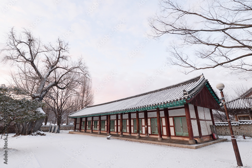 The snowy winter scenery of the Jeonju Local Confucian School in Jeonju, Jeollabuk-do, South Korea. Photographed on January 1. 2021. The snowy winter scenery of the Jeonju Local Confucian School in Jeonju, Jeollabuk-do, South Korea. Photographed on January 1. 2021.