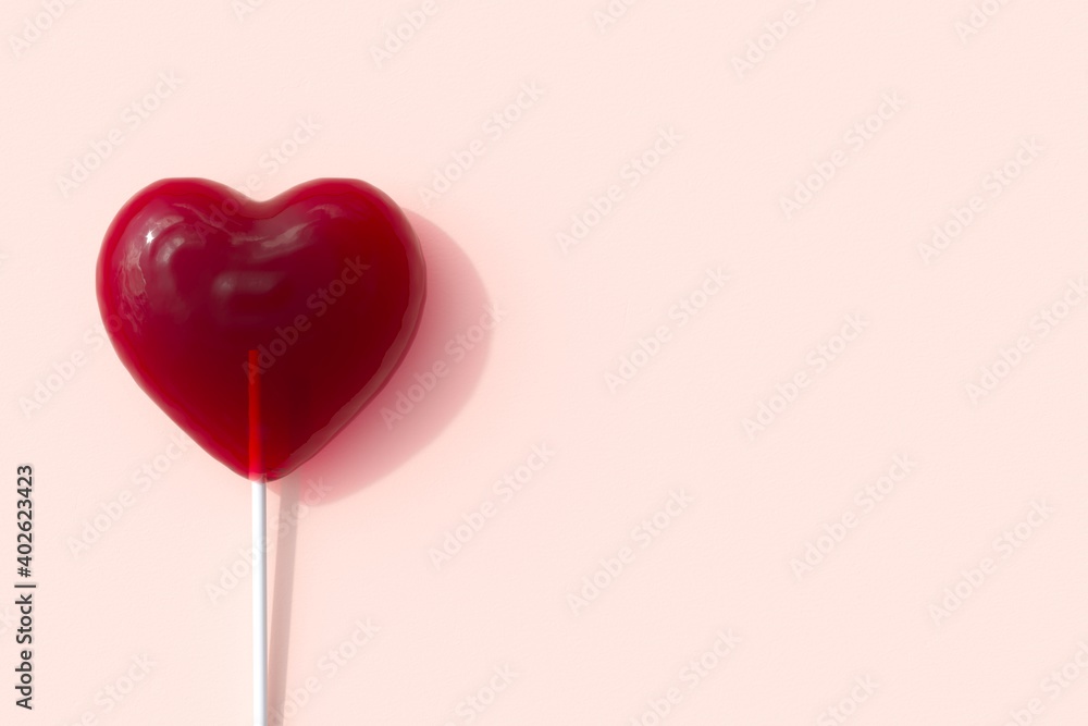 Red Heart Shape of lollipop Candy on Pink background for copy space. 3D Render. Minimal Valentine Concept Idea.