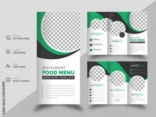 Set of restaurant business tri-fold brochure template with colorful design a4 size layout. Food menu design for leaflet or flyer with flat modern and liquid elements. Creative and clean typography.