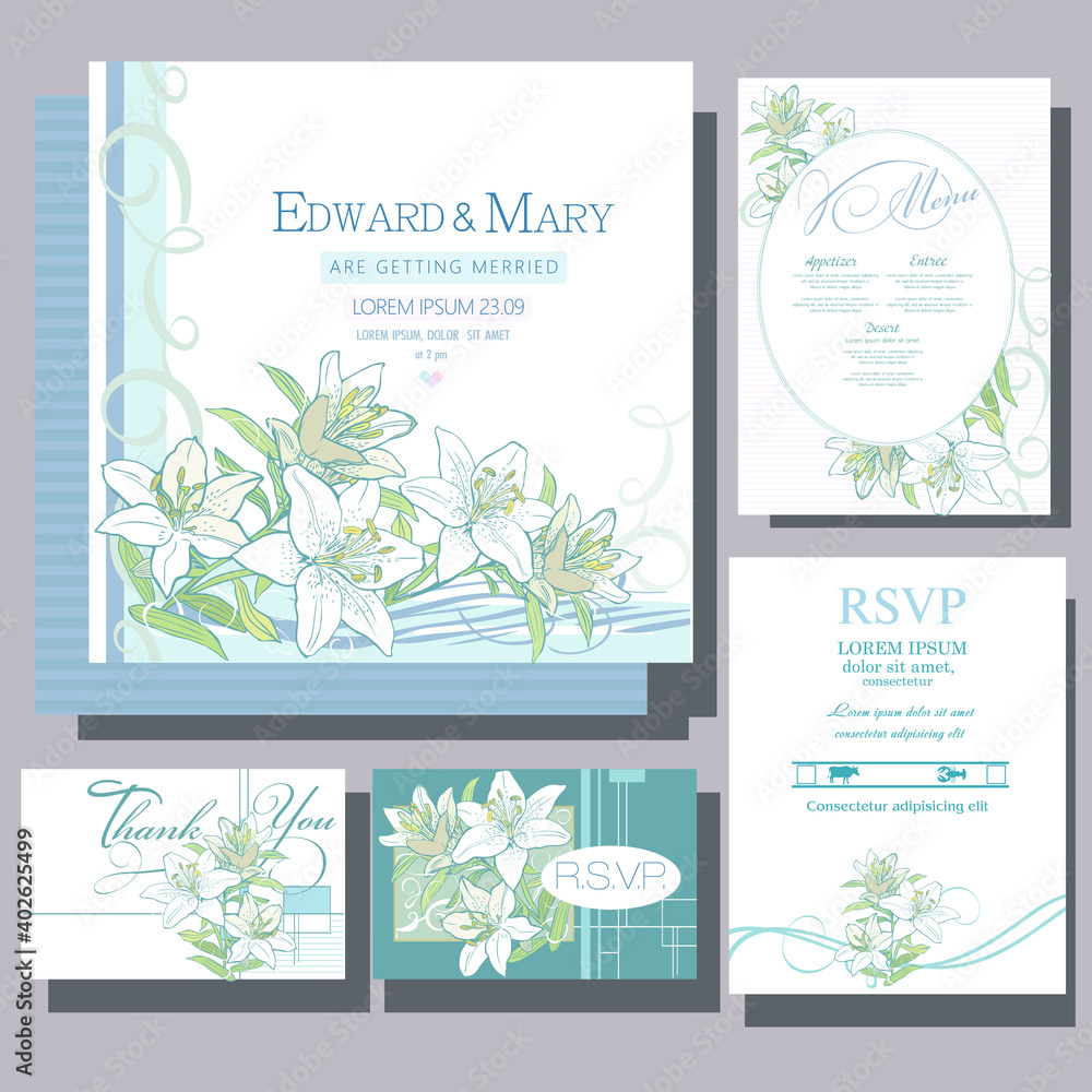 Wedding invitation card with flowers, rsvp card, menu design