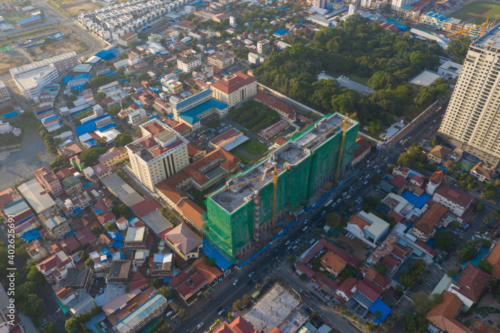 Phnompenh capital of Cambodia on the sunset with beautiful landscape by drone Phnompenh capital of Cambodia on the sunset with beautiful landscape by drone