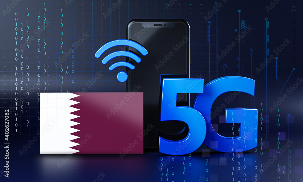 Qatar Ready for 5G Connection Concept. 3D Rendering Smartphone Technology Background Qatar Ready for 5G Connection Concept. 3D Rendering Smartphone Technology Background