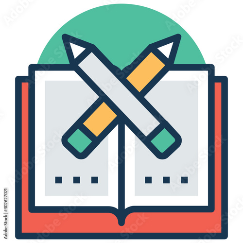 Book with crossed pencils flat vector icon