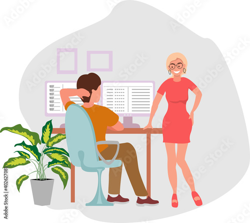 Young girl flirting with a man in the office and distracting him from the computer. Beautiful woman tries to draw attention of a young man. Vector flat illustration isolated on white background