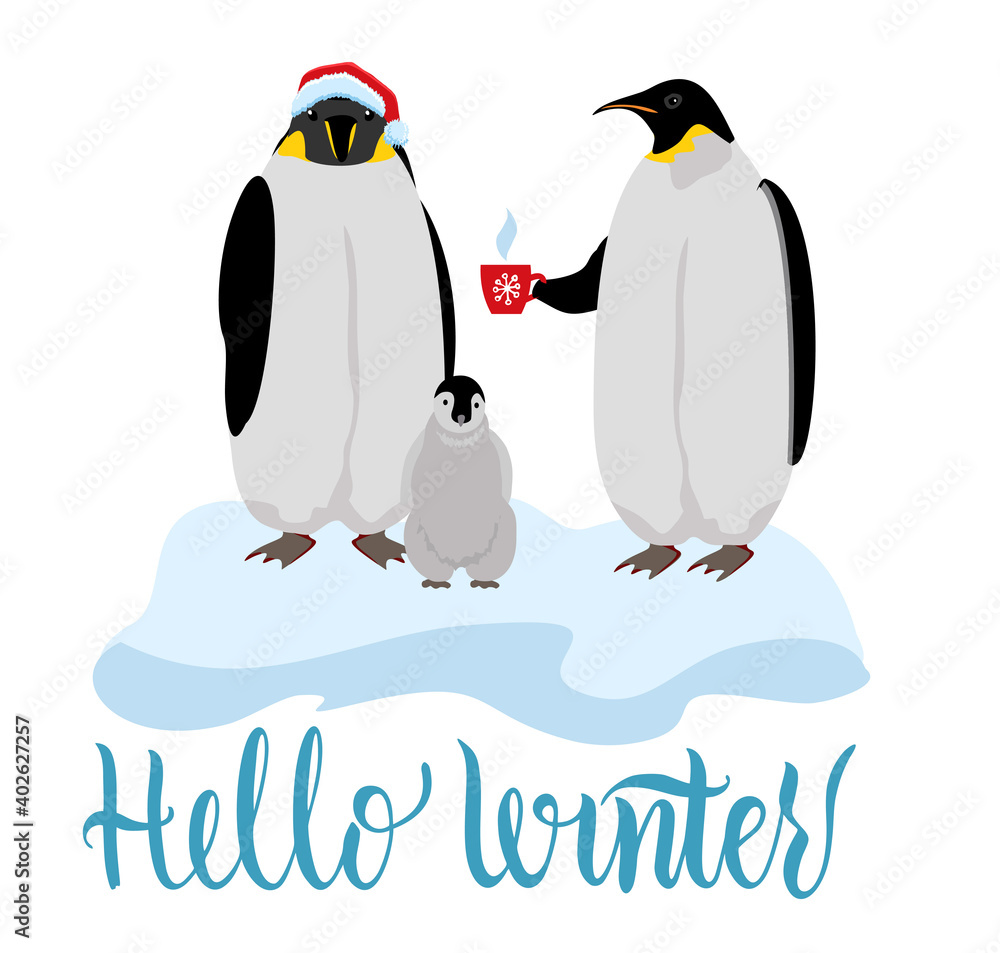 Obraz premium Cute Penguins wearing Santa Claus hat with a cup of tea standing on on the ice. Flat design vector illustration. Hello winter calligraphy lettering