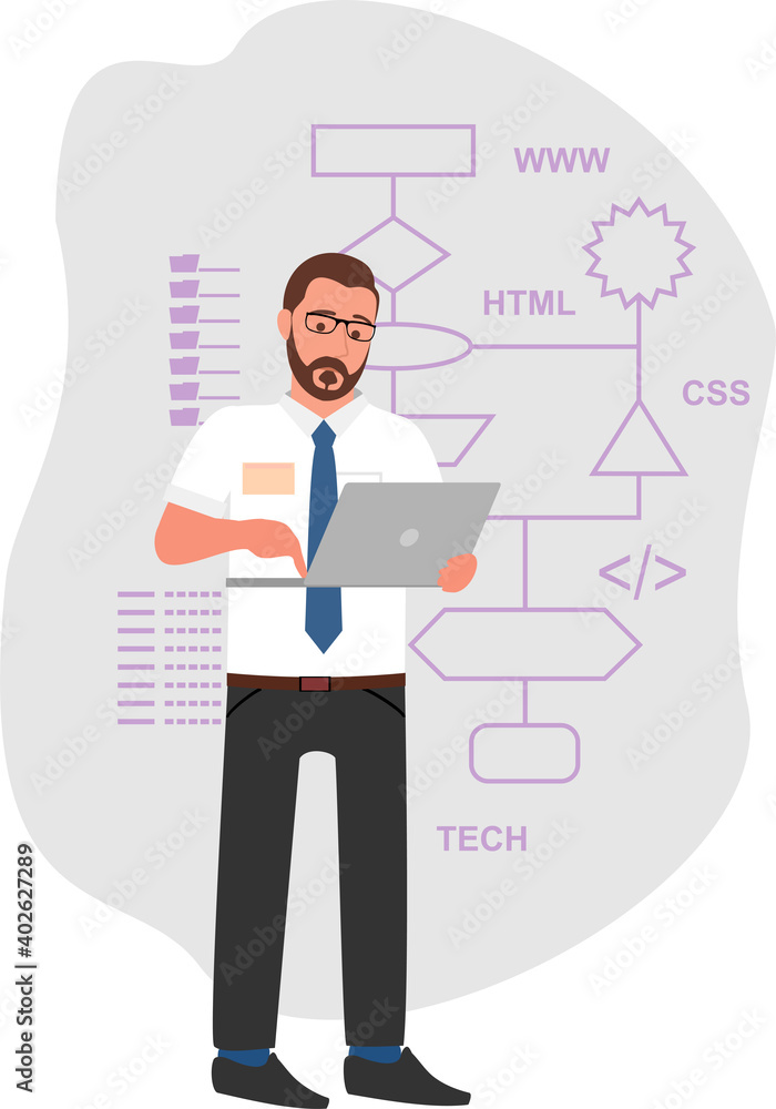 Programmer coding on the laptop. Programmer coding a new project using computer. Man standing with laptop and working. Programmer coding on the laptop. Programmer coding a new project using computer. Man standing with laptop and working.