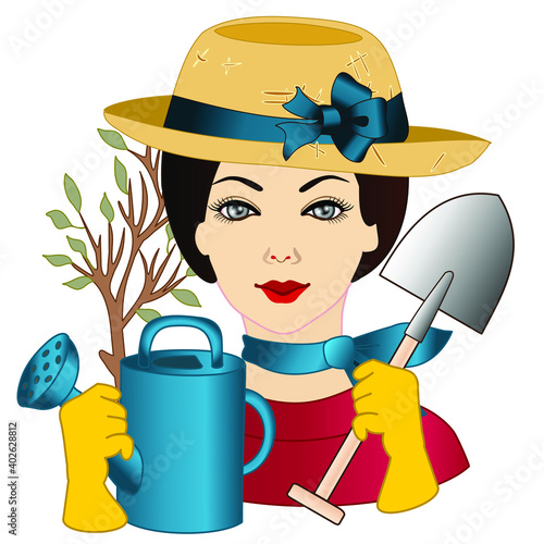 gardener woman in hat plants a tree, she holds a watering can and a shovel, emoticon color vector on white isolated background  