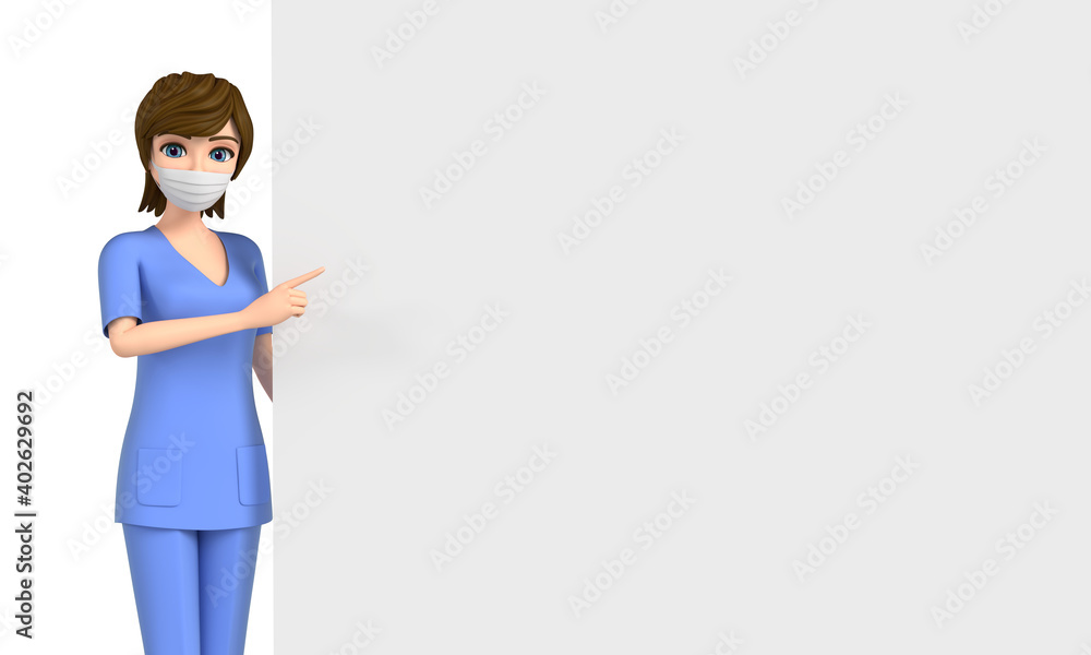 3D illustration character - A female doctor wearing a mask is using a board to explain 3D illustration character - A female doctor wearing a mask is using a board to explain