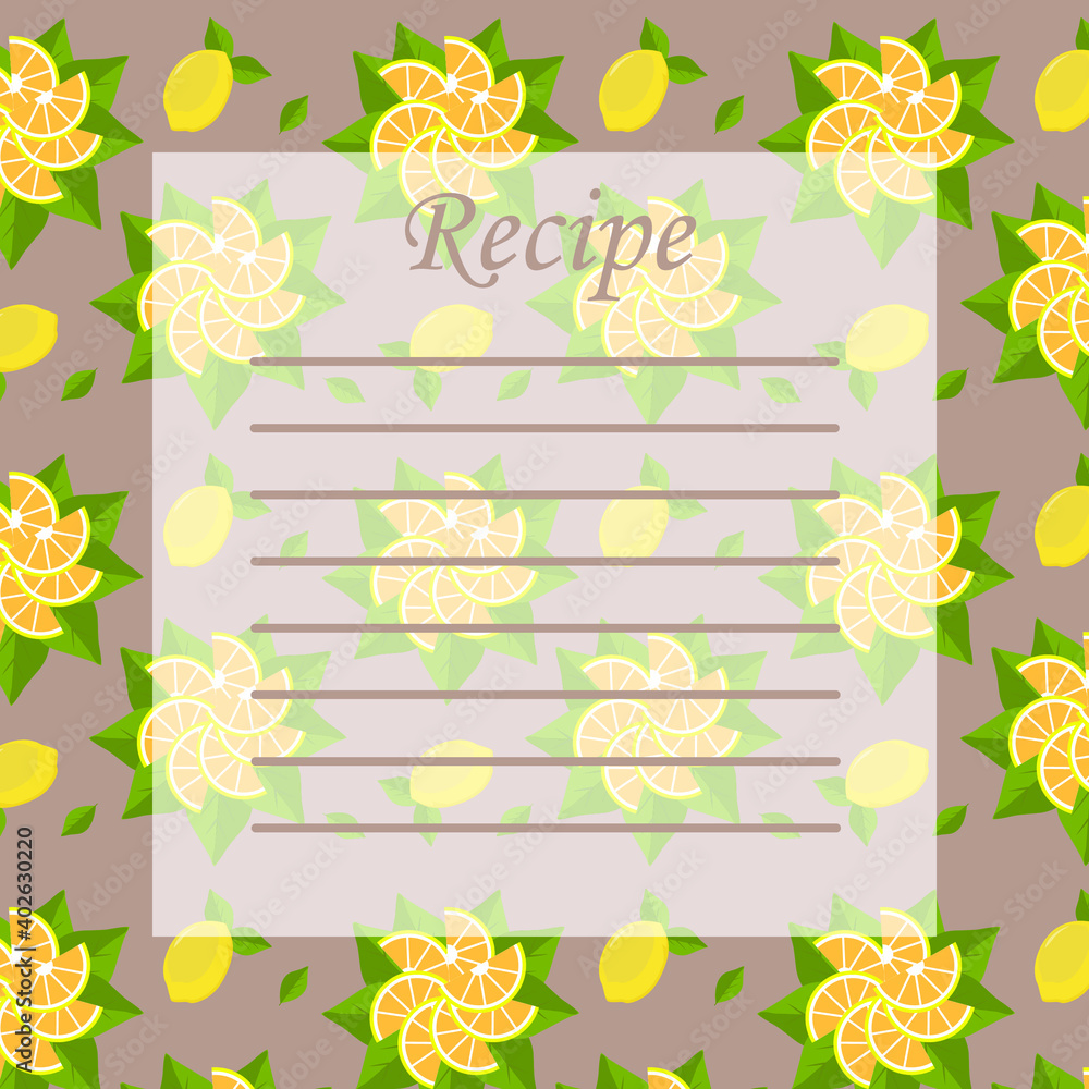 Recipe note with empty lines, blank with different meal pictures for making notes, write useful information, recipe for cooking