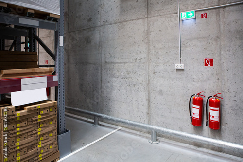 Fire extinguishers in the warehouse. Fire safety 
