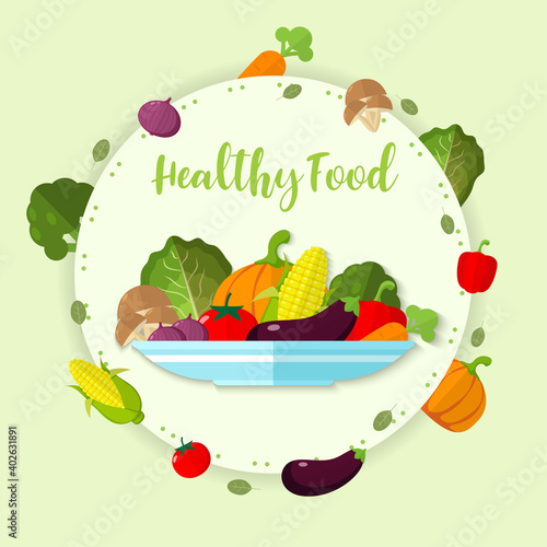 Illustration Vegetable on a plate minimal style , Healthy food vector , raw materials for cooking , organic vegetable