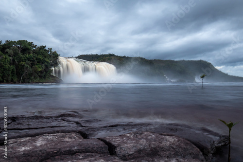 Long night photo exhibition of the El Hacha waterfall  located in the Canaima lagoon in Venezuela