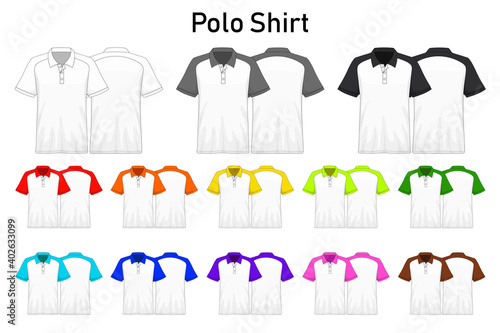 Polo Shirt colors on the collar and sleeves collection set for design , mockup advertising , blank for printing , vector illustration , white black grey red orange yellow green blue purple pink brown
